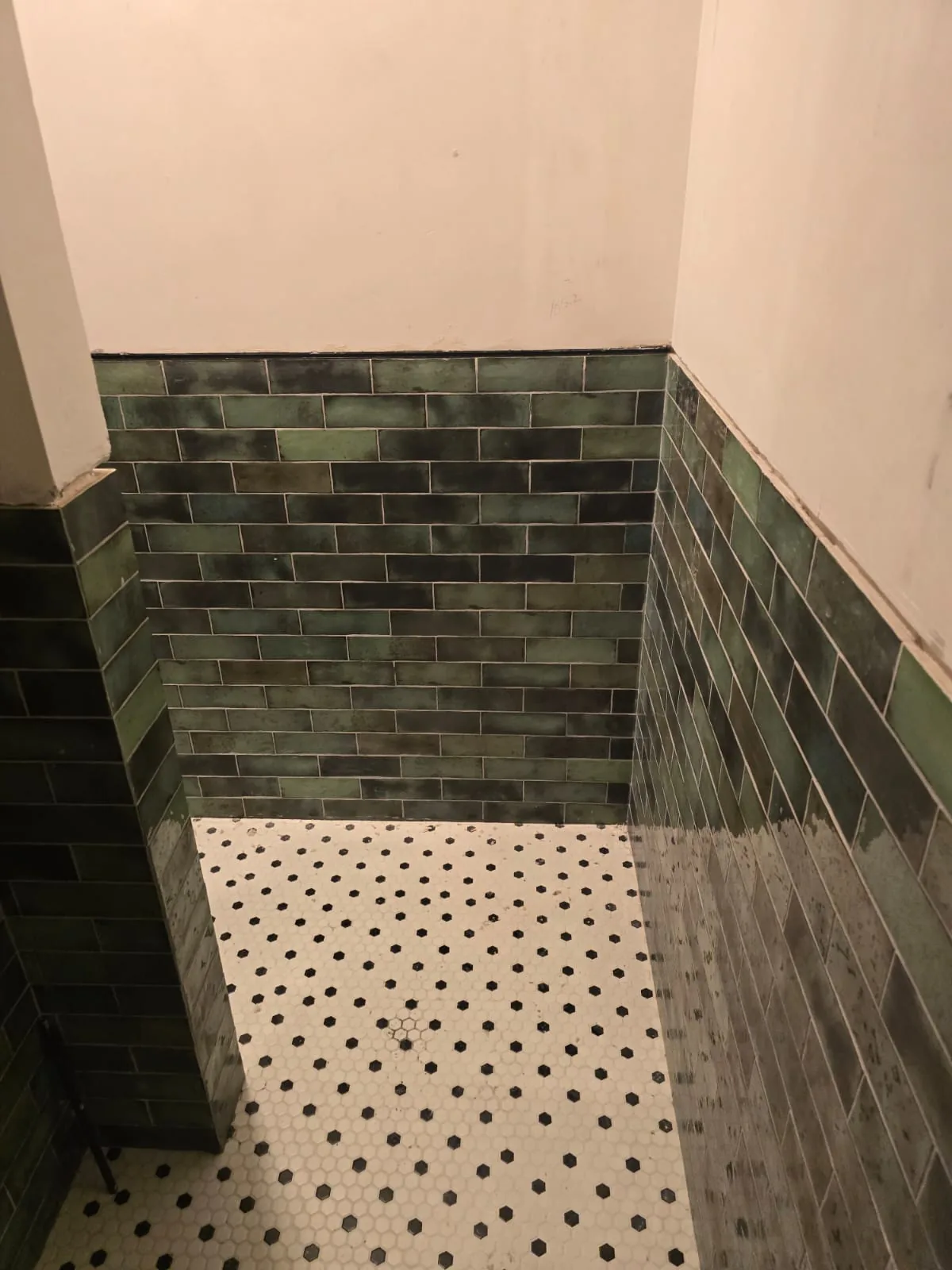 Baño revestido con porcelanato verde y mosaico geométrico